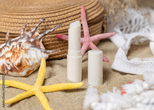 Opened sunscreen lip balm stick near starfishes and seashells on a sandy beach, cosmetic mockup photo