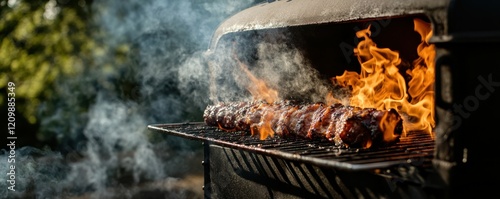 Barbecue smoker vent with flames and smoke, bold outdoor cooking vibes.
