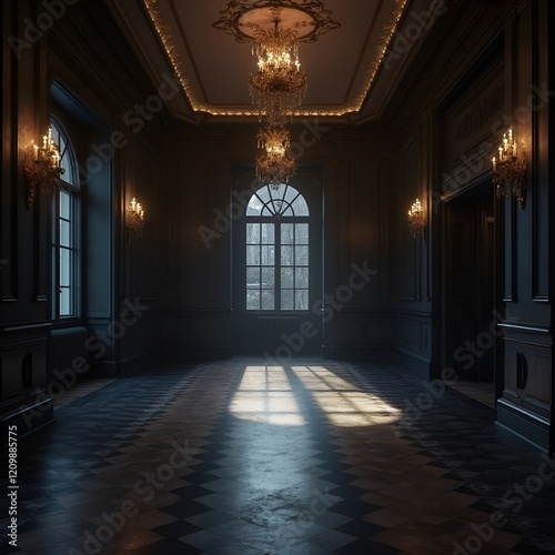 Empty elegant dark room at night with cosy space