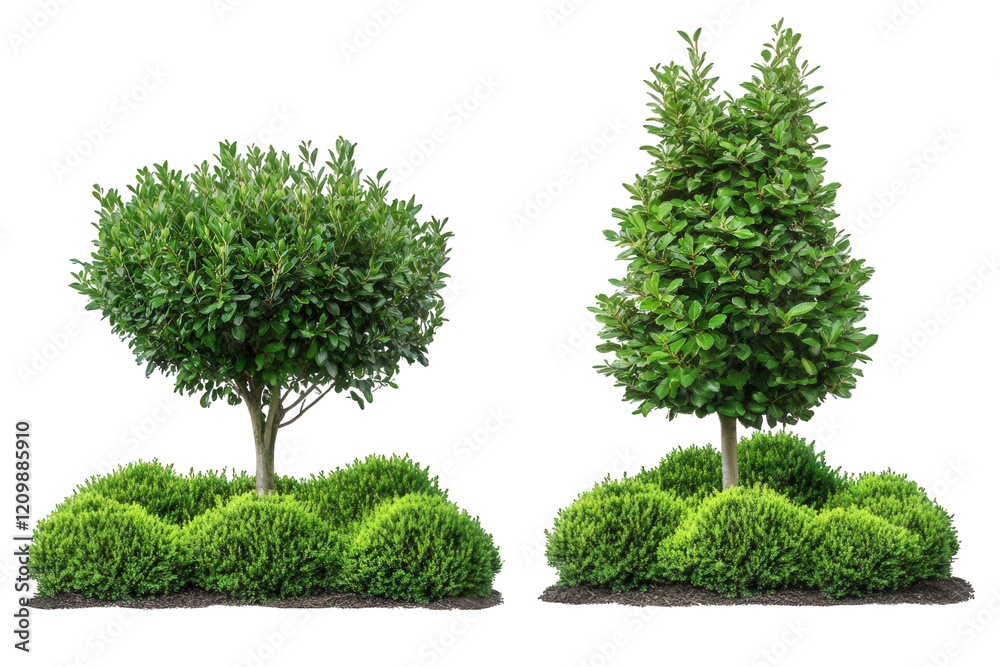 Fototapeta premium two distinct types of ornamental trees. one with a rounded canopy and the other with a more conical shape. both surrounded by lush green shrubs and soil this composition highlights the beauty of lands