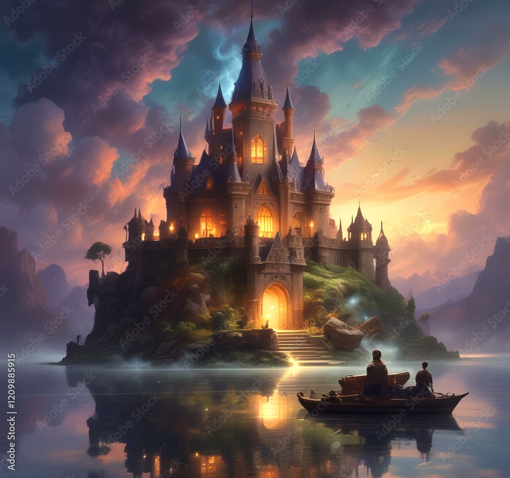Naklejka premium Illustration of glowing mystery tower castle in night.