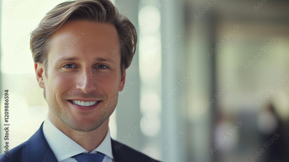 Confident man with a bright smile wearing a suit and tie in a modern office environment, exuding professionalism and charisma. Confident man with a bright smile wearing a suit and tie in a modern office environment, exuding professionalism and charisma.