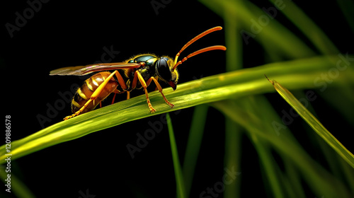 A wasp crawling on a green blade of grass, its shiny body and striped abdomen illuminated under sufficient lighting photo