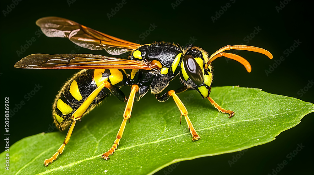 A wasp perched on a green leaf, its segmented body and detailed wings illuminated naturally A wasp perched on a green leaf, its segmented body and detailed wings illuminated naturally