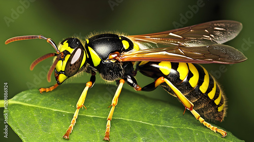 A wasp perched on a green leaf, its segmented body and detailed wings illuminated naturally