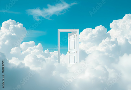 Surreal celestial doorway, white door floating in clouds, ethereal sky scene, fluffy cumulus clouds, heavenly blue sky, dream-like atmosphere, metaphysical gateway, spiritual symbolism, photorealistic photo