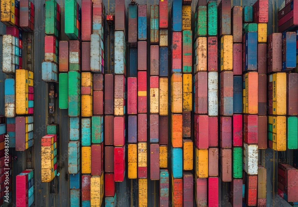 Aerial View of Colorful Shipping Containers Stacked at a Port, Showcasing Industrial Logistics and Global Trade Operations with Vibrant Colors and Patterns Aerial View of Colorful Shipping Containers Stacked at a Port, Showcasing Industrial Logistics and Global Trade Operations with Vibrant Colors and Patterns