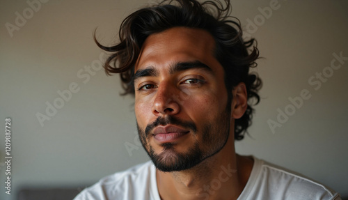Confident young man with curly hair gazing at the camera