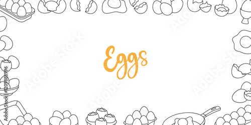 Chicken eggs horizontal outline banner. Organic farm product. Raw and boiled eggs, broken and whole eggshells, protein and yolk. Vector illustration.