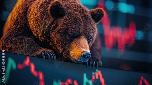 Bear interacting with stock market graph in a bearish trend financial environment dynamic viewpoint photo