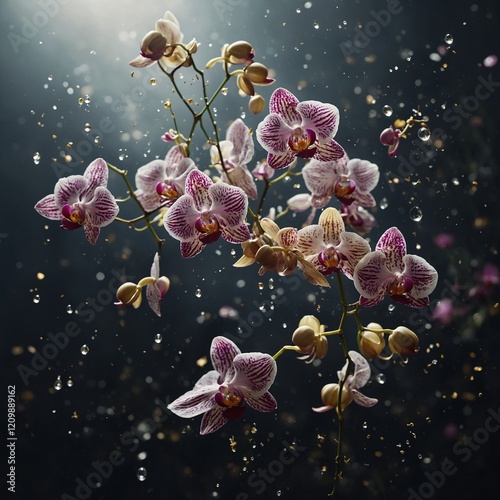 Floating Orchids: Orchids floating magically in mid-air, with tiny golden particles swirling around them in an ethereal setting. photo