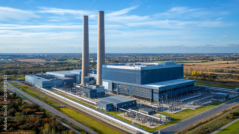 A modern industrial power plant with towering chimneys, surrounded by sleek pipelines and contemporary infrastructure. A modern industrial power plant with towering chimneys, surrounded by sleek pipelines and contemporary infrastructure.