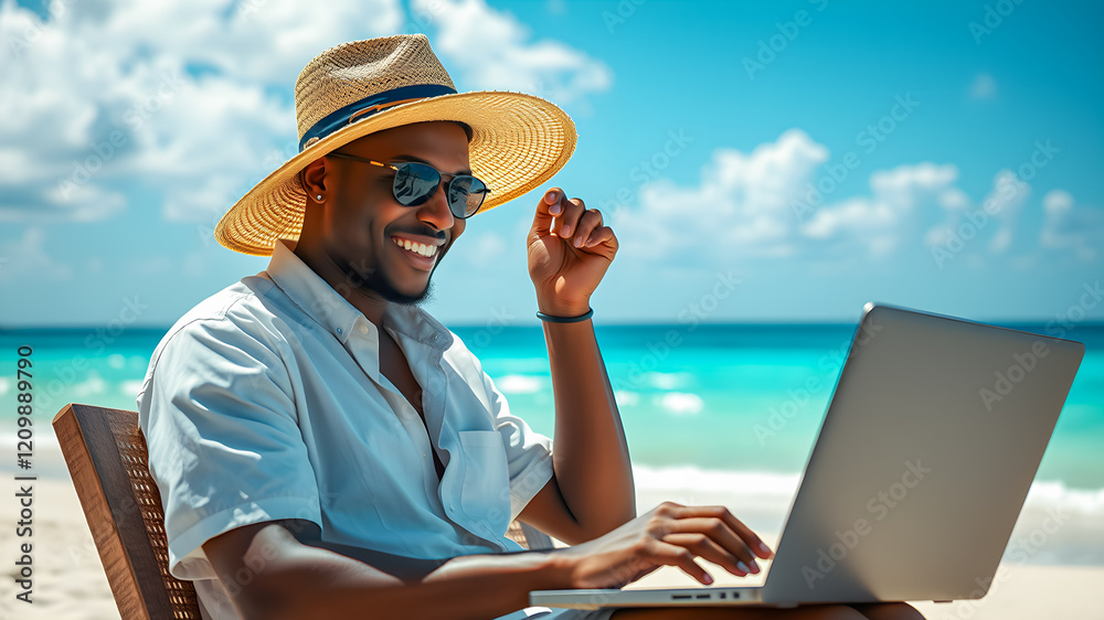 Fototapeta premium Black young man with laptop working on tropical beach. Relax, smile and happy african american businessman in hat remote vacation business on chair in shadows, blurred summer beach resort background