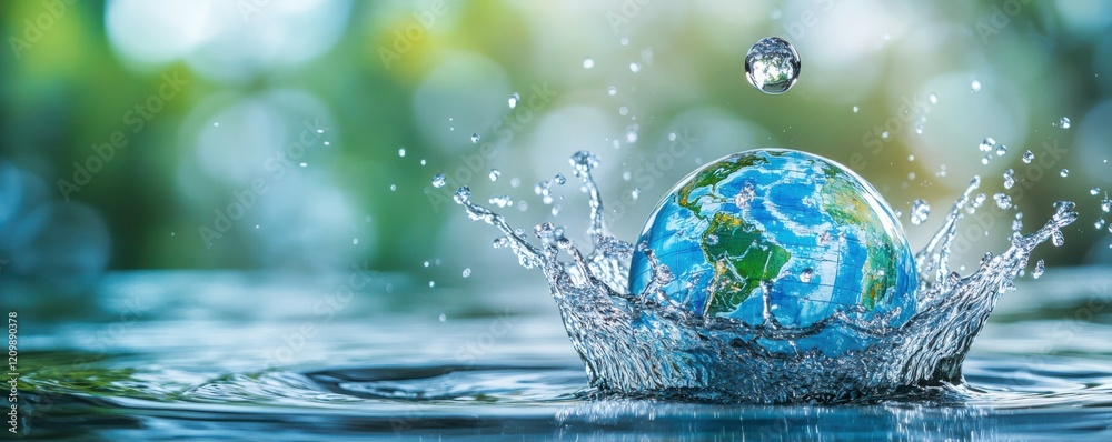 A globe splashing into water with a droplet above it, symbolizing environmental conservation, global impact, and the importance of water resources A globe splashing into water with a droplet above it, symbolizing environmental conservation, global impact, and the importance of water resources