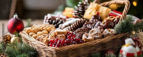 Beautifully arranged holiday gift basket with gourmet treats.