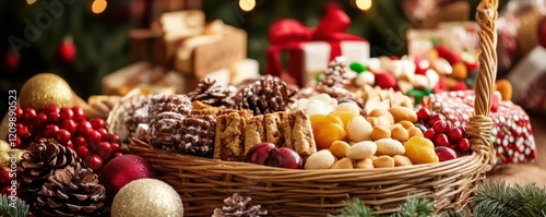Beautifully arranged holiday gift basket with gourmet treats.