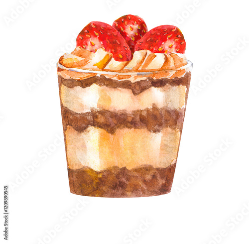 Sweet berry Layered trifle with strawberries, chocolate sponge cake and whipped cream mixed in layers in a glass. Cake in a jar. Berry trifle cake in glass. Hand drawn watercolor