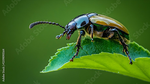 Macro shot of a beetle climbing a green leaf, its shiny carapace and tiny legs highlighted in detail photo