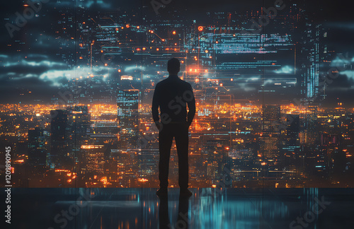 Man gazing at a futuristic city skyline with digital technology overlay at night