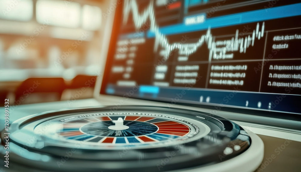 Digital dashboard with stock market data and roulette wheel design Digital dashboard with stock market data and roulette wheel design