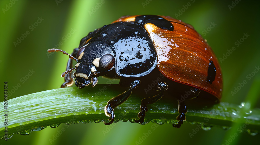 Obraz premium Macro shot of a ladybug on a wet grass blade, emphasizing its glossy shell and intricate details under bright lighting