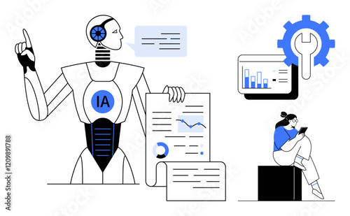 AI robot gesturing at data and mechanics, person seated using a device, graphs and charts visible. Ideal for AI research, data analysis, mechanics, technology, innovation futurism education. Line