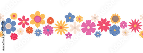 Seamless border from abstract flowers, top view. Spring flora. Flat vector illustration on white background