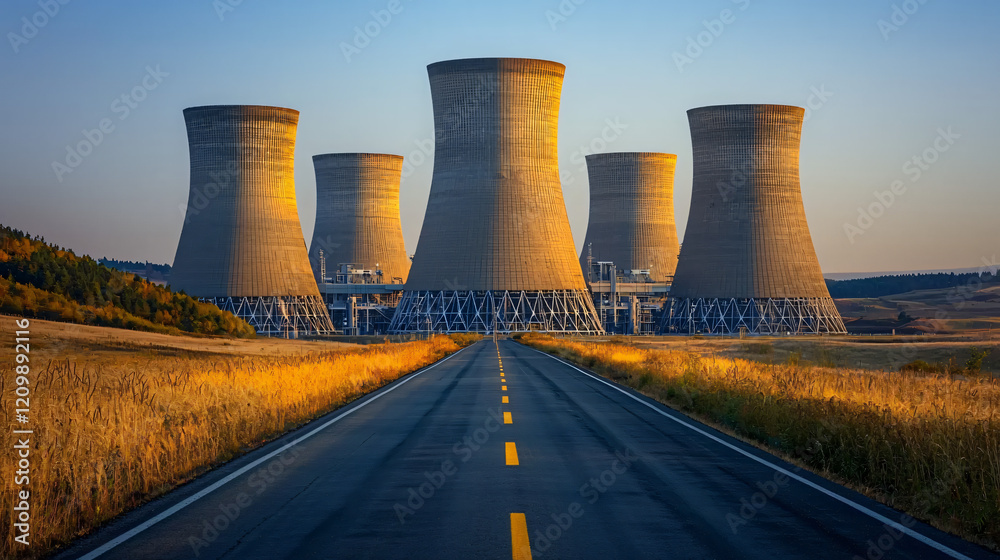 A state-of-the-art power generation facility with advanced cooling towers and futuristic energy systems, set against a clear sky. A state-of-the-art power generation facility with advanced cooling towers and futuristic energy systems, set against a clear sky.