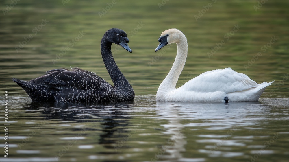 Fototapeta premium A pair of black and white swans form a heart shape with their necks on a tranquil lake, reflecting harmony and serenity.