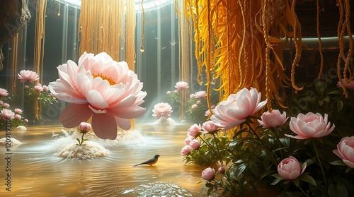 Golden Waterfall & Pink Flowers, Dreamy Garden Scene