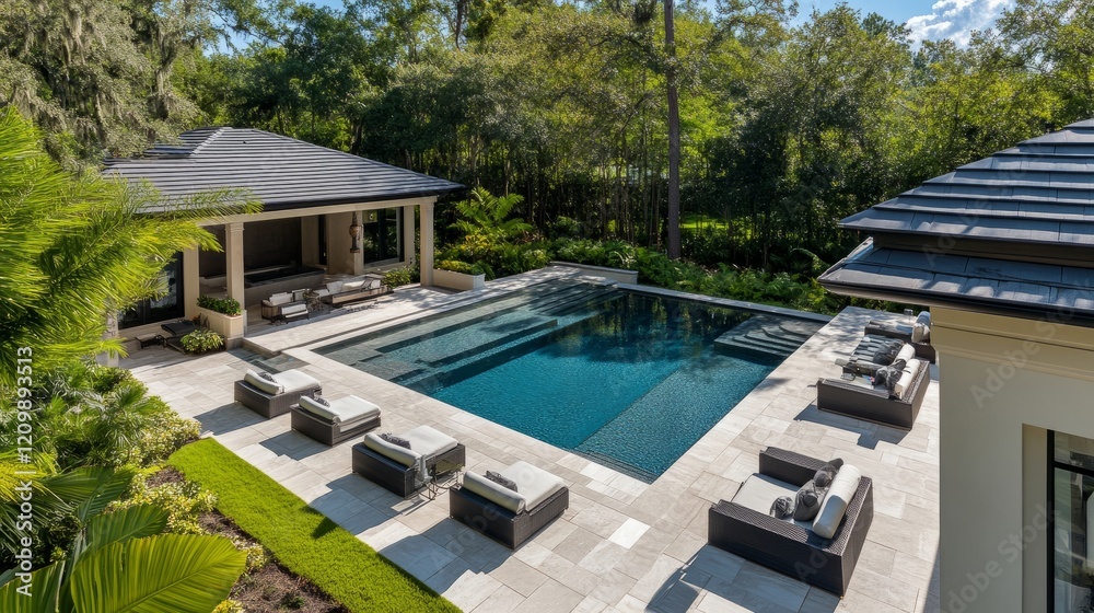 Fototapeta premium Drone view of a luxury poolside area featuring elegant seating arrangements, surrounded by lush greenery and modern design elements