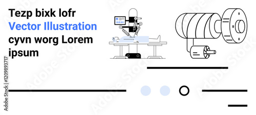 Robot performing surgery on operating table, engineering blueprint with mechanical device illustration, and text elements. Ideal for medical technology, engineering design, robotics, technical