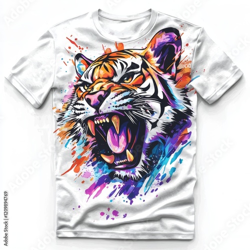 Colorful Watercolor Tiger Design on White T Shirt Men s Fashion Apparel photo