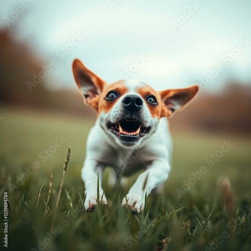 Happy Dog Running in Grass,  Excited Puppy Zoomies, Dog in Motion photo