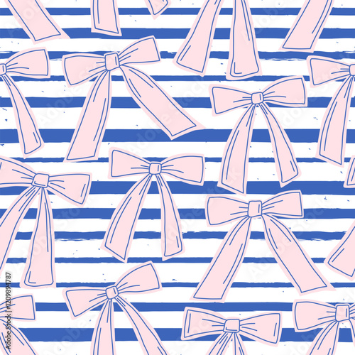 Seamless pattern with pink ribbon bows and blue stripes. Modern hand draw design for a poster, sticker, home decor, wrapping paper, gift, greetings. Fabric textile print. Cute art illustration.