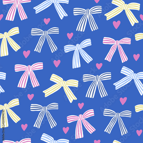 Seamless pattern with colorfull striped ribbon bows and hearts. Modern hand draw design for a poster, sticker, home decor, wrapping paper, gift, greetings. Fabric textile print. Art illustration. Cute