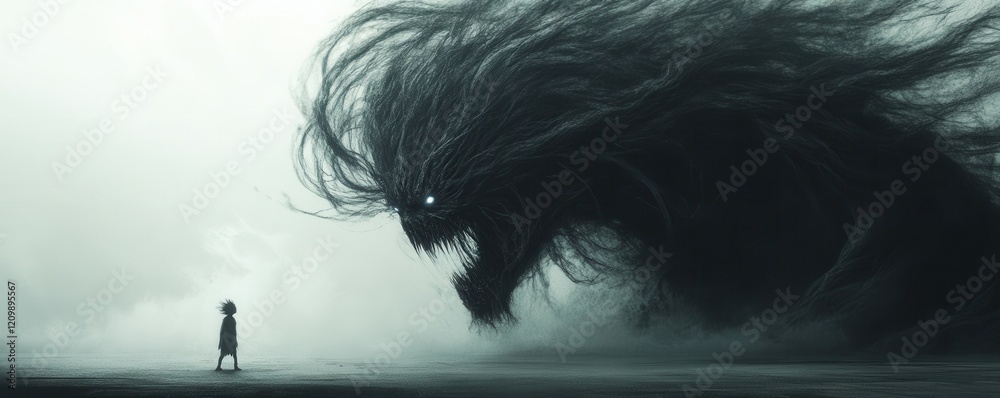 Fototapeta premium A small figure stands defiantly in front of a large, menacing, shadowy monster with wild hair and an open mouth, creating a dramatic and eerie confrontation