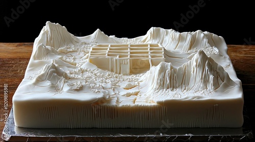 Detailed White Architectural Model of Mountainous Terrain with Central Gridded Structure