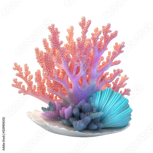 Fototapeta Naklejka Na Ścianę i Meble -  vibrant coral reef arrangement. showcasing pink and purple coral structures alongside a blue and purple shell the design emphasizes the beauty of marine life and underwater ecosystems. highlighting th