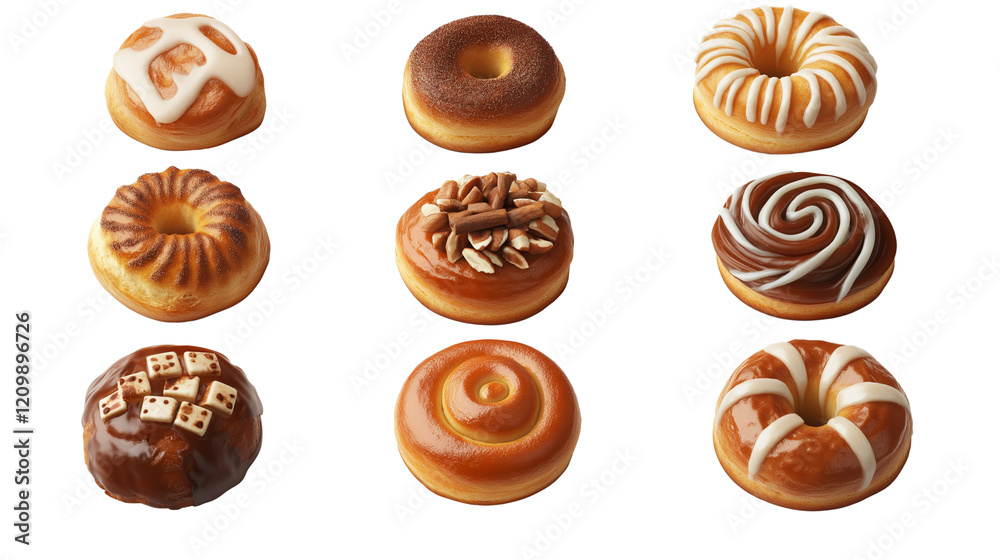 Set of baked cinnamon rolls with glaze isolated on transparent white background Set of baked cinnamon rolls with glaze isolated on transparent white background