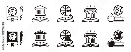 museum history book icon line set ancient medieval building journal literature research learning signs vector outline illustration