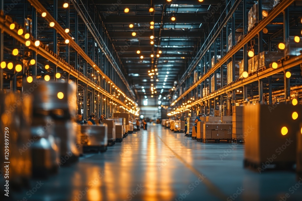 Modern Industrial Warehouse Interior with Rows of Shelves and Warm Lighting Creating a Dynamic and Efficient Storage Environment Modern Industrial Warehouse Interior with Rows of Shelves and Warm Lighting Creating a Dynamic and Efficient Storage Environment