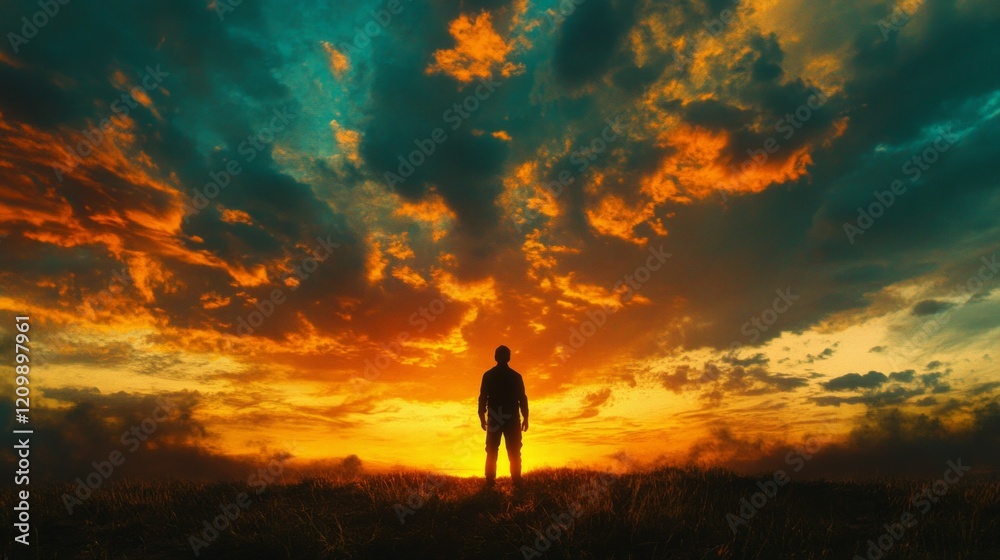 Fototapeta premium Cinematic silhouette of a person standing under a vibrant sunset sky, highly detailed, peaceful and dynamic, serene and striking, natural and beautiful atmosphere