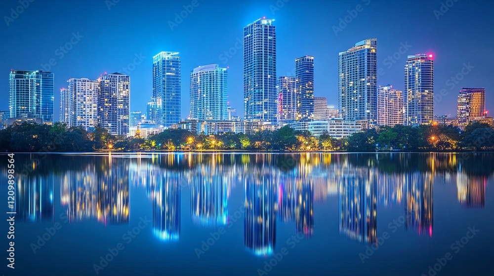 Naklejka premium city skyline at night with glowing buildings, deep blue sky, calm and peaceful cityscape, high detail reflections
