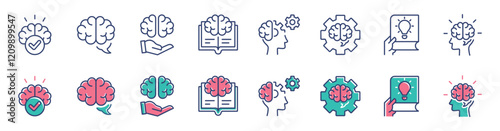 intelligence cognition brain thinking icon line set creative idea brainstorm smart genius mind signs vector line illustration for web and app