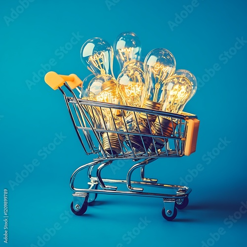 Shopping cart full of light bulbs isolated on blue background
