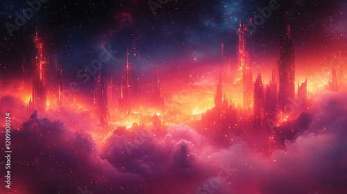 A digital artwork of a galaxy with pixelated stars, vibrant nebulae, and glitch effects blending into the background. 440