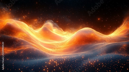 A digital abstract landscape with flowing waves of light and distorted grid patterns, creating a sense of movement. 449
