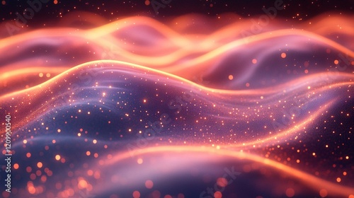 A digital abstract landscape with flowing waves of light and distorted grid patterns, creating a sense of movement. 452