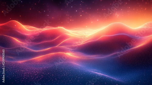 A digital abstract landscape with flowing waves of light and distorted grid patterns, creating a sense of movement. 450
